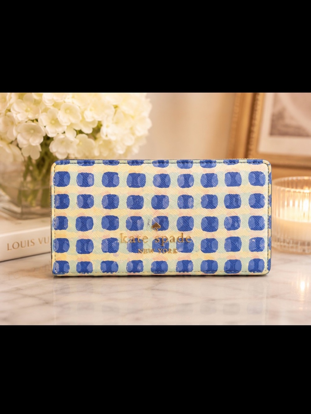 Kate Spade Zip Continental Wallet in Blue and Yellow Geometric Print